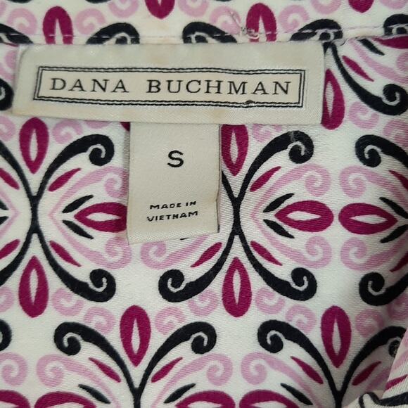Dana Buchman Button‎ Down Top with 3/4 Sleeve White Pink Black Size Small - Picture 7 of 9